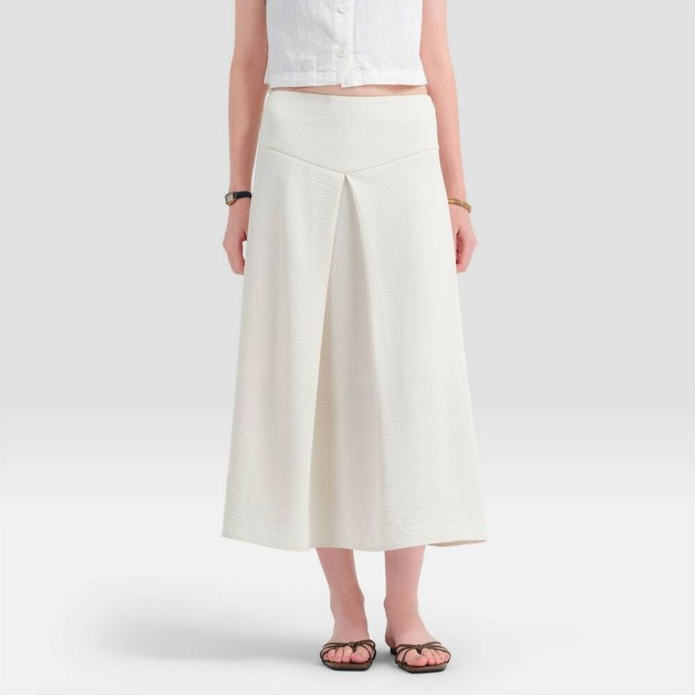 Women's High-Waist Front Pleated Midi A-Line Skirt - A New Day Ivory 12